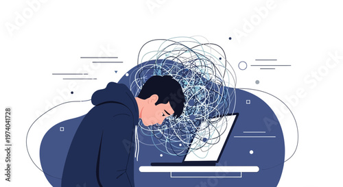 Frustrated young man with tangled thoughts over laptop, mental health concept