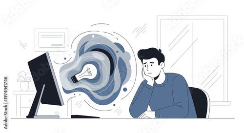 Man feeling stressed and uninspired while working on a computer, idea bulb fading