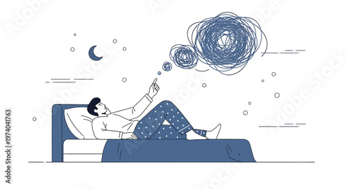 Man in Bed with Tangled Thoughts, Insomnia, Stress, Anxiety, and Overthinking