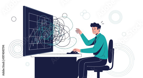 Man overwhelmed by complex data on computer screen, stress and confusion at work