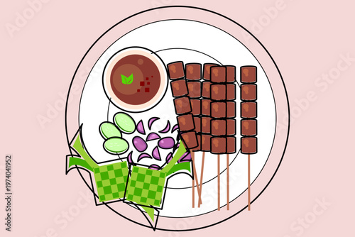 Traditional Malaysian Grilled Chicken Satay Set with Peanut Sauce and Rice Cakes Illustration