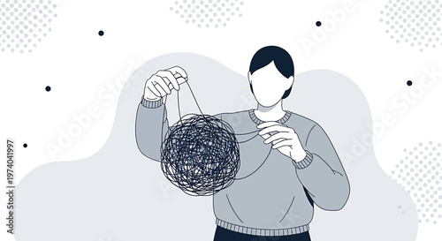Person untangling a complex knot of threads, symbolizing problem-solving and mental clarity