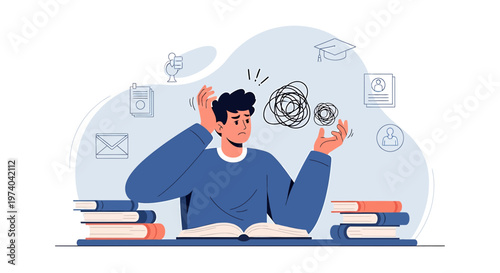 Stressed student overwhelmed by studies, books, and exams, feeling confused and anxious