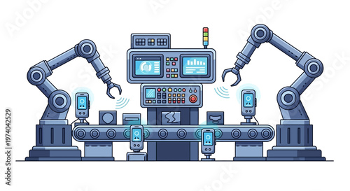 Vector illustration of a factory automation system featuring robotic arms working in tandem on a conveyor belt, with a control panel displaying system monitoring data in a cool, blue-toned