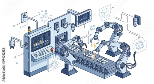 Detailed vector illustration depicting industrial automation robotics with robotic arms precisely assembling components on a conveyor belt in a factory, set against a clean background