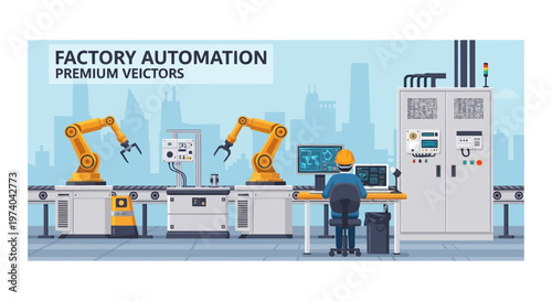 Vector illustration depicting a factory automation system with robotic arms and an engineer monitoring the process at a computer, set against a cityscape background with a clean and modern