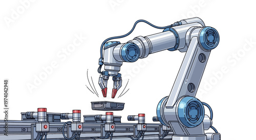 A detailed vector illustration shows a robotic arm performing factory automation, carefully placing a component on an industrial assembly line, rendered with a clean, modern design