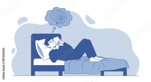 Man lying in bed, unable to sleep, mind full of thoughts and worries