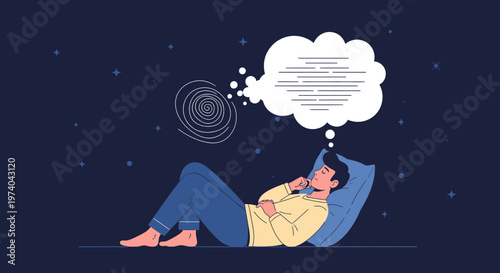 Man lying on bed, thinking, with swirling thoughts and a speech bubble above his head