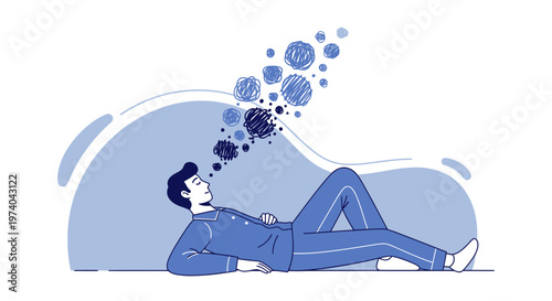 Man relaxing, dreaming, thinking, with abstract bubbles floating from his head