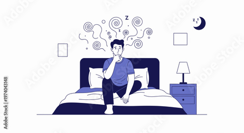 Man sitting on bed at night, unable to sleep, thinking with swirling thoughts