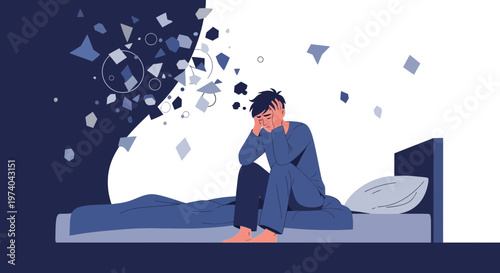Man sitting on bed, overwhelmed by dark thoughts and fragmented shapes