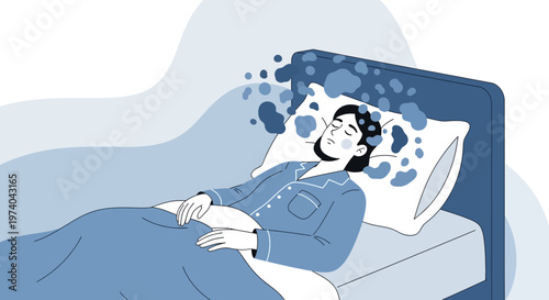 Man sleeping in bed, dreaming, thoughts and ideas floating above head, blue tones