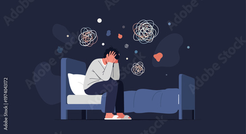 Man suffering from anxiety and insomnia sitting on bed, mental health concept