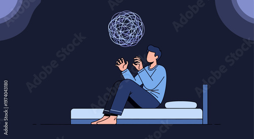 Man struggling with anxiety and overthinking, sitting on bed in dark room