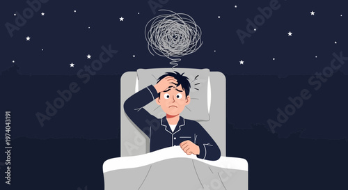 Man suffering from insomnia, anxiety, and stress in bed at night
