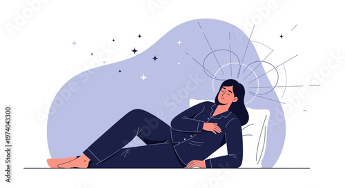 Woman suffering from insomnia, lying in bed with stars and abstract shapes above