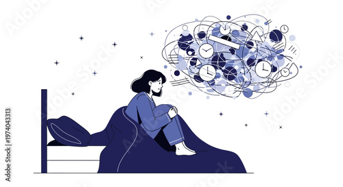 Woman unable to sleep, stressed with racing thoughts and clocks in mind