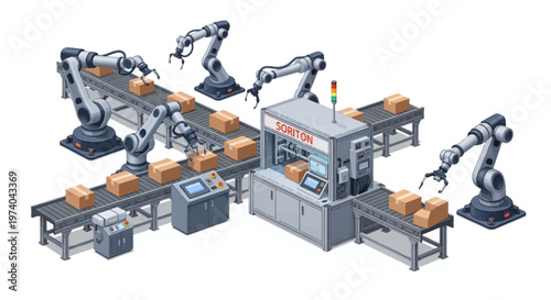 Isometric vector illustration depicting factory automation, showcasing robotic arms precisely managing cardboard boxes along a conveyor belt system in a clean, automated industrial