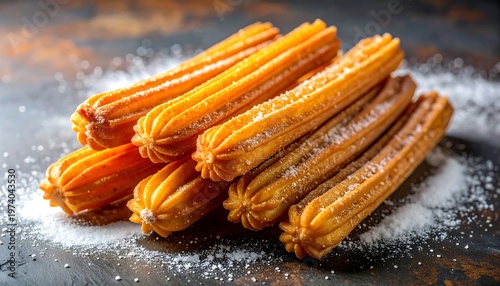 Close-up of golden-brown churros dusted with sugar, arranged on a dark, textured surface