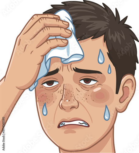 Vector illustration of a young man wiping sweat from his tired face