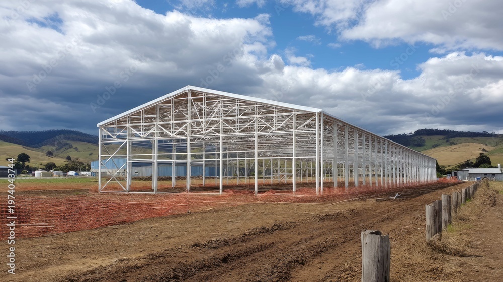 Fototapeta premium Modern Agricultural Structure Under Construction with Clear Sky and Rolling Hills in the Background