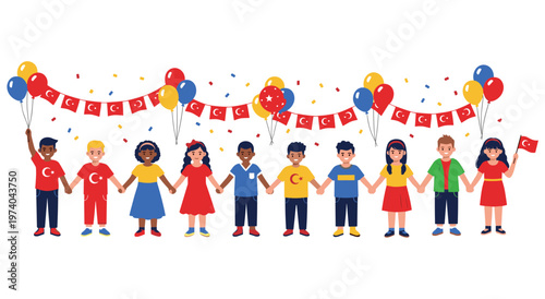Diverse group of children holding hands, decorated with Turkish flag garlands and balloons, celebrating national holiday. They represent unity, friendship, and cultural diversity during festive event.