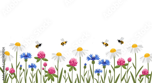 Colorful flowers and buzzing bees in a vibrant garden scene with white pink and blue blooms on green stems