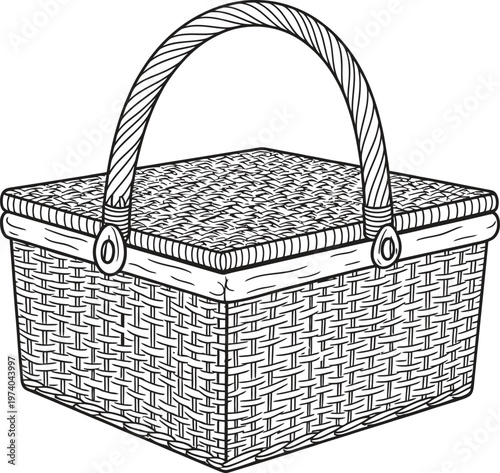 Vintage style hand drawn picnic basket a traditional woven wicker design with a sturdy handle and lid perfect for summer outings and outdoor leisure concepts