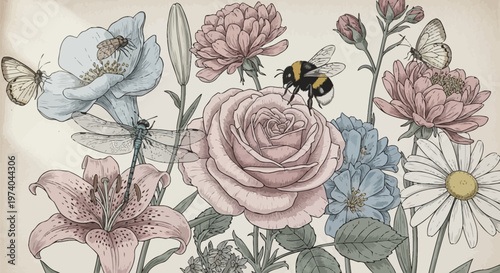 Colorful illustration of blooming flowers with a busy bee and butterflies in a garden setting with pastel colors