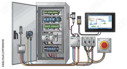 A detailed vector illustration displays a factory automation system, showcasing a robotic arm manufacturing process with system monitoring controls against a clean white background