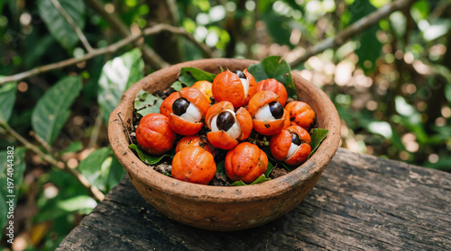 A bowl of vibrant Brazilian guarana fruit with black and white eyes rests on a wooden surface in a lush green setting.