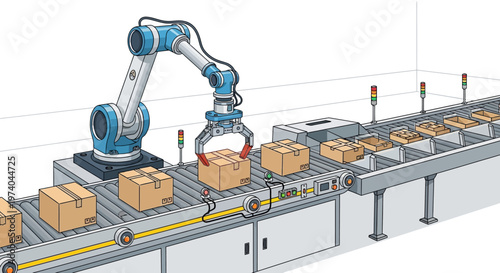 Isometric illustration of a robotic arm placing a cardboard box on a conveyor belt in an automated factory, showcasing industrial automation robotics with a clean, vector design and a focus