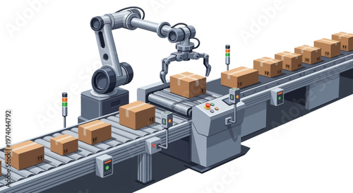 A robotic arm attentively places cardboard boxes on a conveyor belt in a factory setting, illustrated in a detailed vector style, highlighting the efficient system monitoring and precision