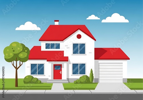 Stylized suburban home with red roof, trees, and sunny sky scenery