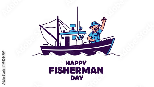 Cartoon Fisherman on Boat Waving Hand.
