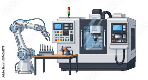 Detailed vector illustration showcasing industrial automation robotics, where a robotic arm is positioned next to a factory machine, all set against a clean white background, emphasizing