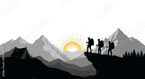 Silhouetted hikers on mountain path with sunburst over scenic landscape