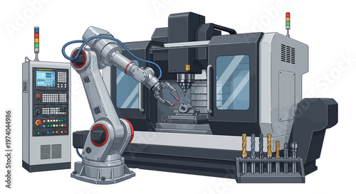 Detailed vector illustration showing a robotic arm working with a machine tool in a factory setting, with system monitoring equipment nearby, conveying a sense of modern industrial