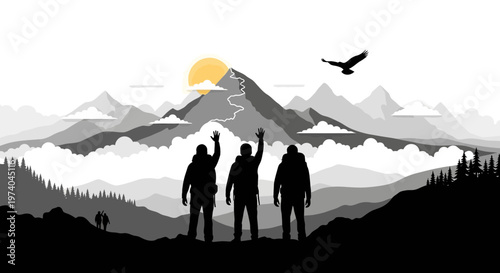 Silhouetted hikers celebrate achievement atop a mountain vector illustration