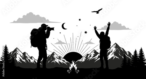 Silhouetted hikers celebrate adventure against mountain landscape and sunrise