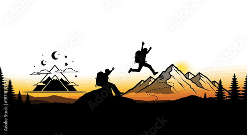 Silhouetted hikers celebrate mountain peak success during sunset landscape