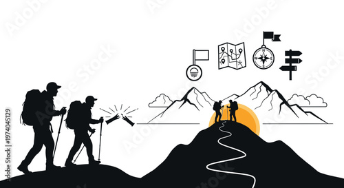 Silhouetted hikers ascending mountain with gear and sunlight illustration
