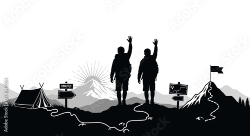 Silhouetted hikers celebrate mountain summit success with raised hands vector