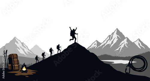 Silhouetted hikers celebrate mountain summit success against scenic backdrop