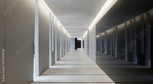Symmetric modern hallway with minimalist design and geometric elements