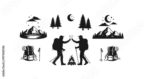 Silhouetted hikers celebrate near campfire vector illustration