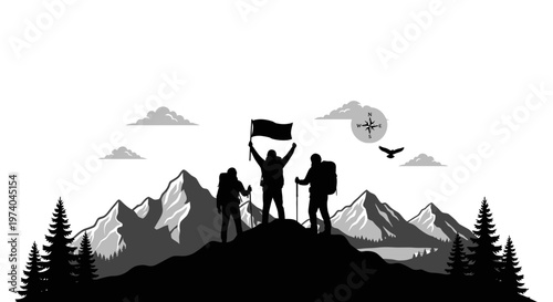 Silhouetted hikers celebrate on mountain peak with flag vector illustration