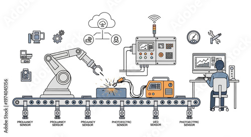 A factory automation vector illustration features a robotic arm manufacturing a product on a conveyor belt, monitored by an engineer at a computer, all set against a clean white background