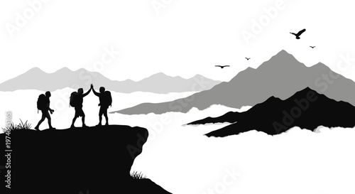 Silhouetted hikers celebrate on mountain peak with scenic landscape view